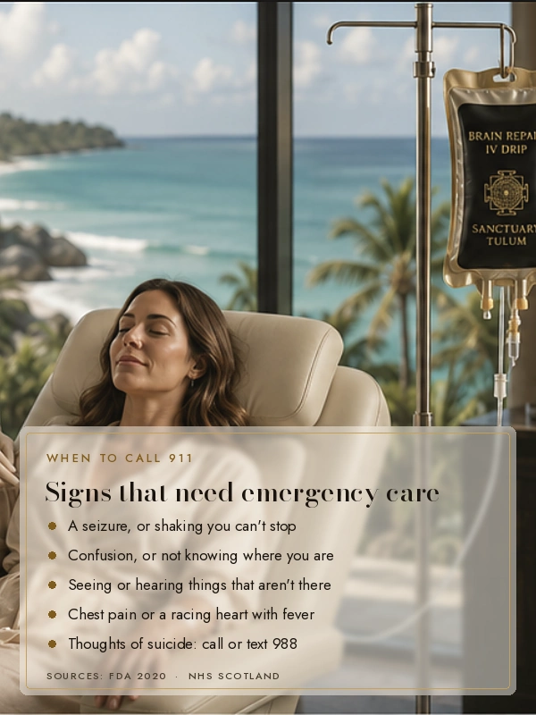 Nurse adjusting an IV drip in a gold-toned suite, with the panel: call 911 for a seizure, confusion, hallucinations, a racing heart with fever