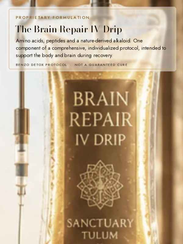 Close-up of a Brain Repair IV Drip bag, one part of an individualized benzo detox plan