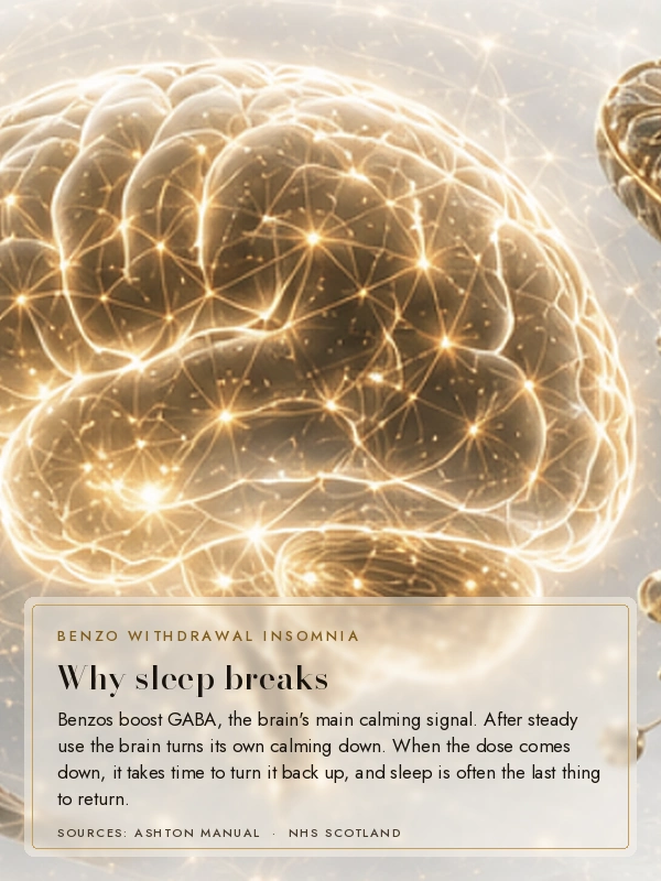Golden brain cells with the words: why sleep breaks, the brain's calming system is re-tuning itself