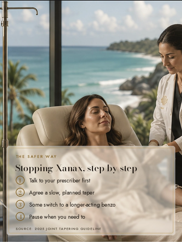 Nurse adjusting an IV in a gold suite, with the words: the safer way, a planned taper, set with your prescriber