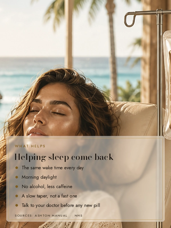 Woman resting during an IV session with the Tulum ruins and the ocean behind her, with the words: what helps, same wake time, morning light, no alcohol, a slow taper