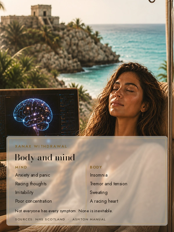 Woman wearing a brain monitor beside an ocean view, with the words: anxiety, insomnia, tremor, sweating, racing thoughts