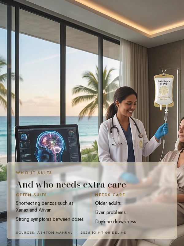 Nurse adjusting an IV for a guest in a gold Sri Yantra suite, with the words: who it suits, and who it doesn't, older adults and liver problems need care
