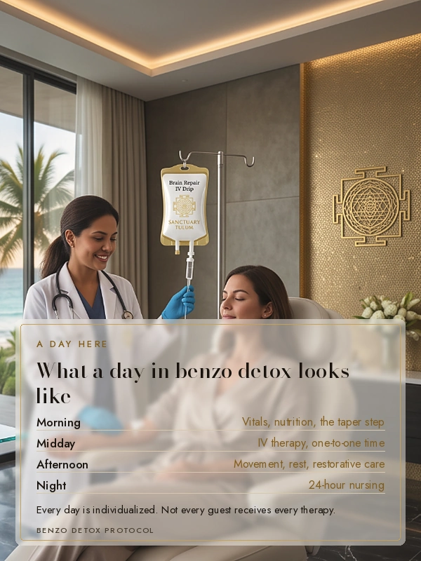Nurse adjusting a Brain Repair IV drip for a guest in a private suite, with a morning-to-night outline of a day in benzo detox