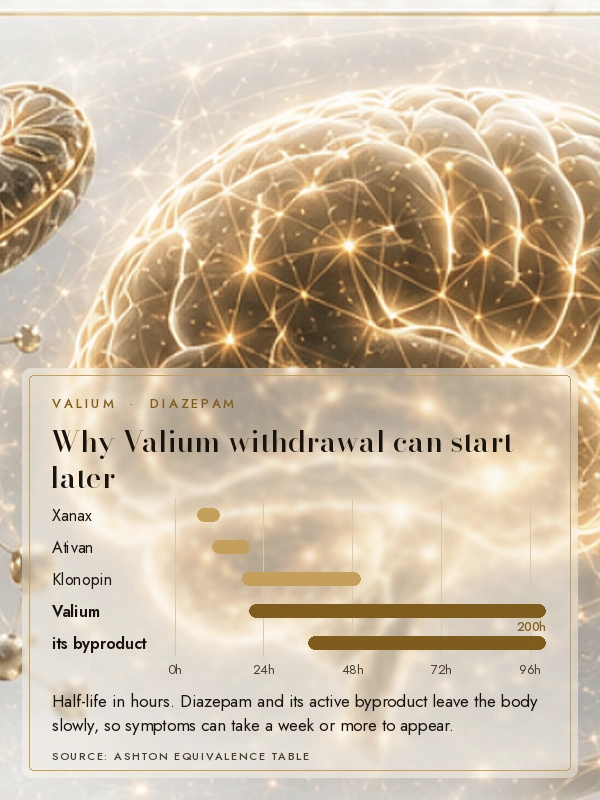 Golden illustration of brain cells with the panel: diazepam stays 20 to 100 hours, its byproduct up to 200