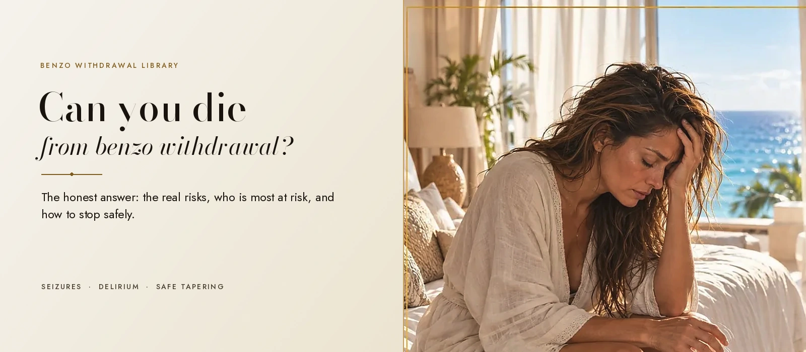 Woman sitting on a bed with her head in her hand, worried about the dangers of benzo withdrawal