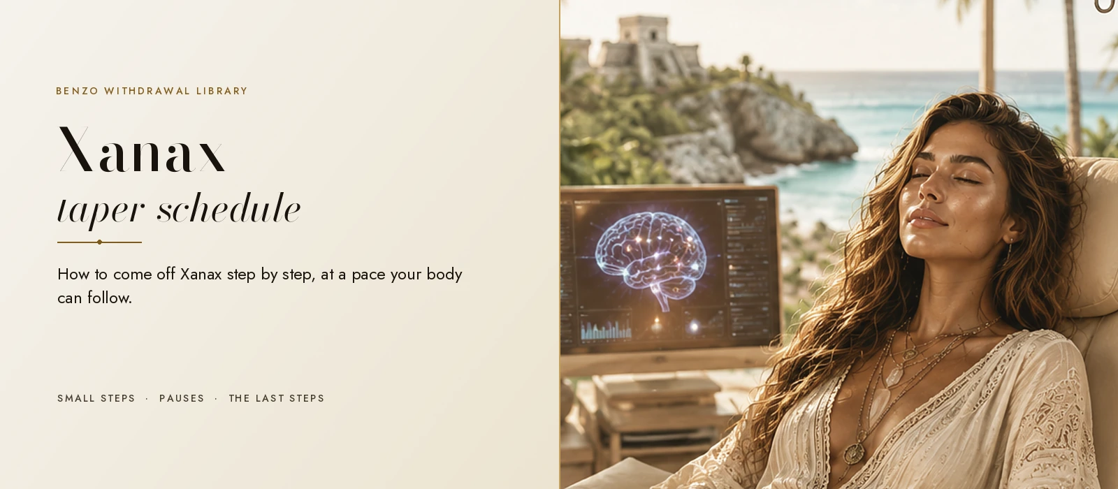 Woman resting during an IV session with the Tulum ruins and the ocean behind her, titled Xanax taper schedule, step by step