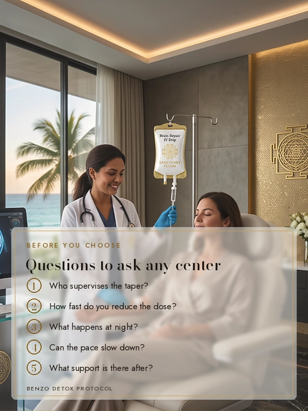 Nurse adjusting an IV beside a bed in a gold suite with a Sri Yantra artwork, with the words questions to ask any center: who supervises, how fast, what after