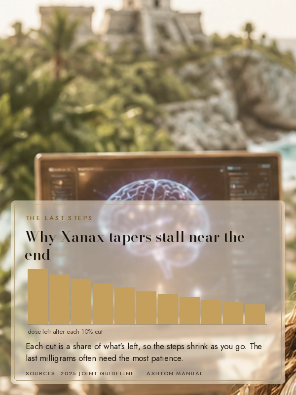 Woman wearing a brain monitor with an ocean view behind her, with the words: why tapers stall, the last steps feel the biggest, so they get smaller