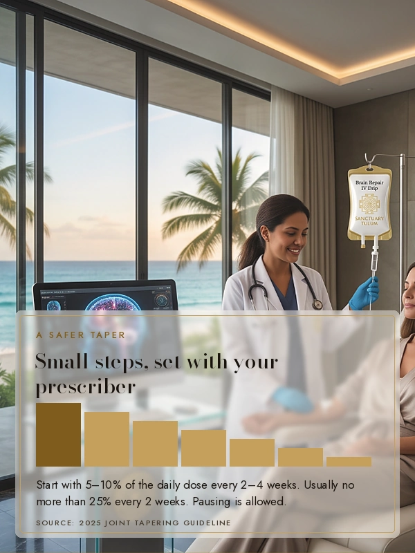 Nurse adjusting an IV drip for a guest in a gold-toned suite, with the panel: small steps, 5 to 10 percent every 2 to 4 weeks