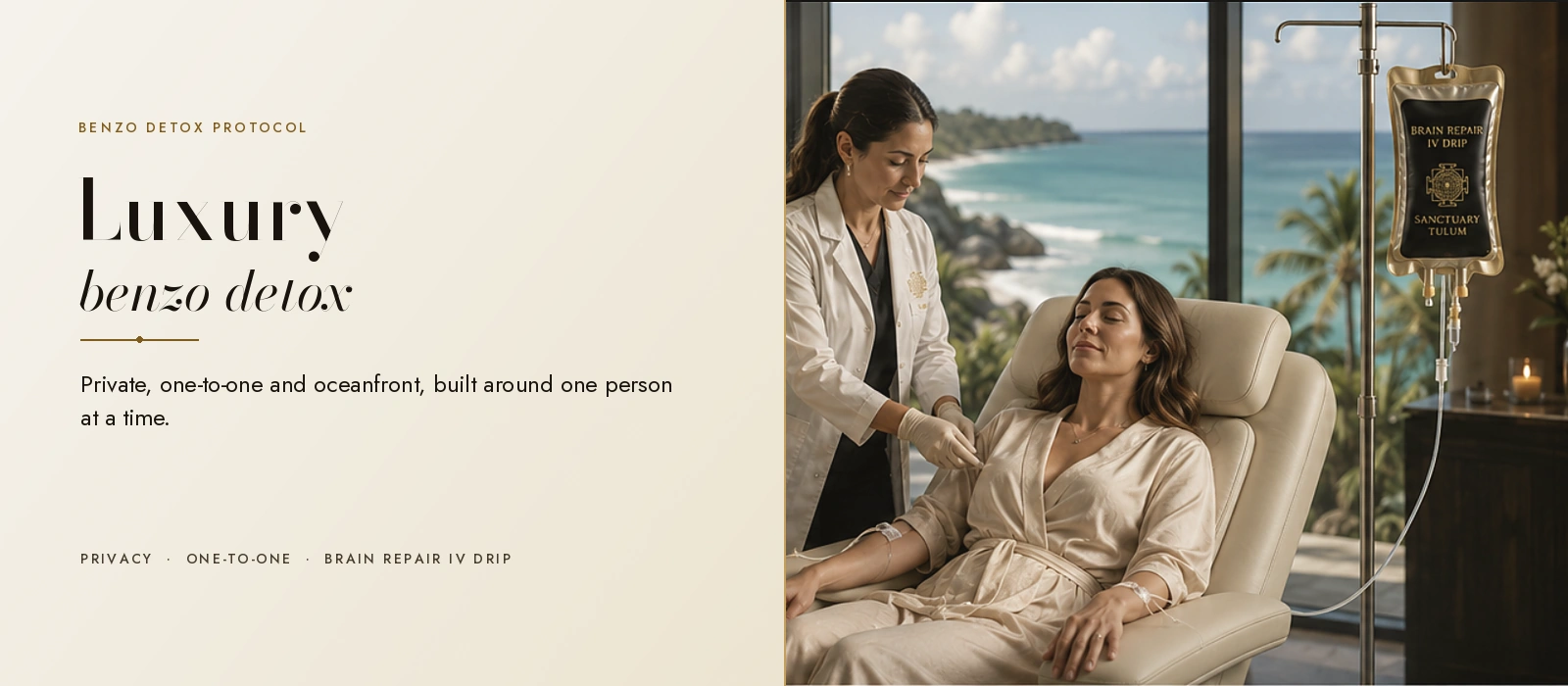 Woman resting during an IV drip, with ancient coastal ruins and the ocean behind her, in a private luxury benzo detox setting