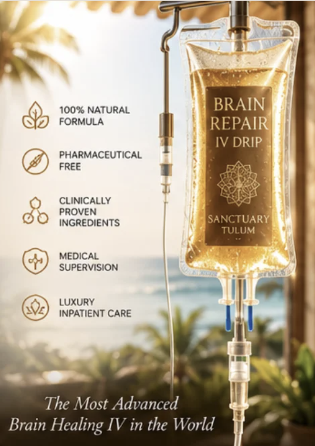 Brain Repair IV drip bag hanging in an open-air oceanfront setting at Sanctuary Tulum