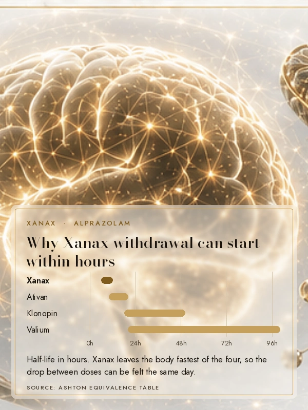 Golden brain cells with the words: half-life 6 to 12 hours, symptoms can start within hours