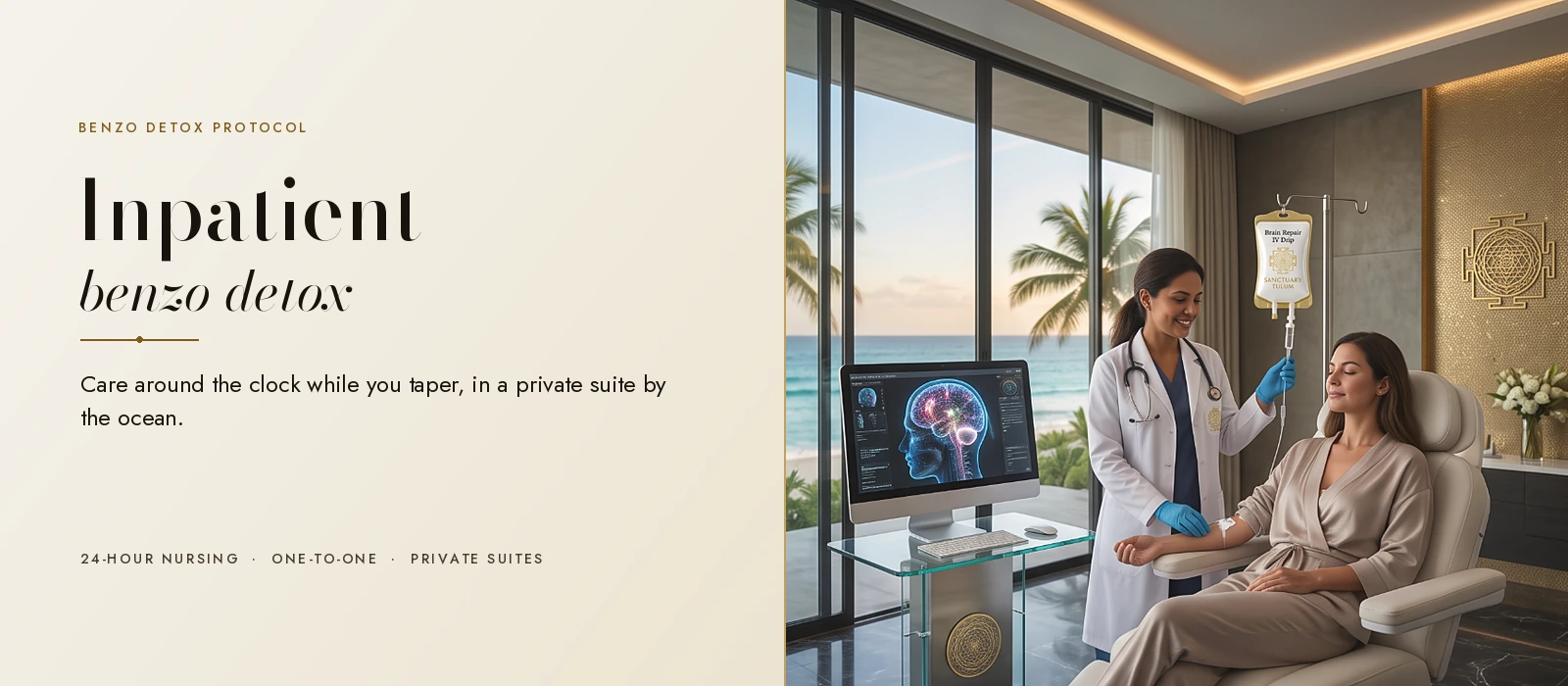 Nurse adjusting an IV for a guest in a private suite with a gold Sri Yantra design, during inpatient benzo detox
