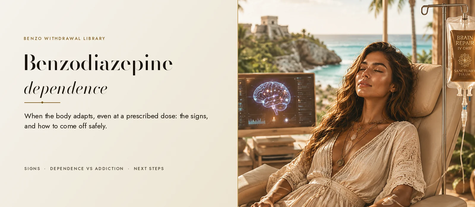 Woman wearing a brain monitor beside an ocean view, with the words benzodiazepine dependence, when the body adapts