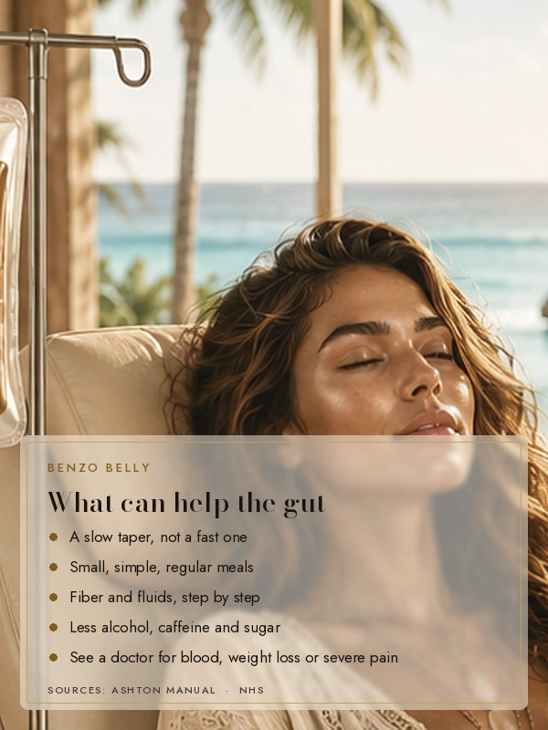 Woman resting by the ocean beside a Brain Repair IV drip, with a list of what can help the gut during benzo withdrawal