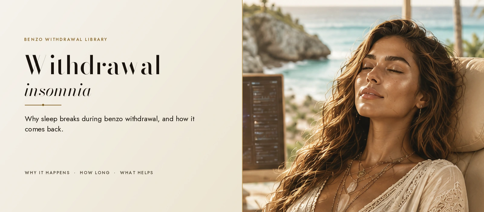 Woman resting with her eyes closed in an oceanfront suite, titled withdrawal insomnia: why sleep breaks and how it comes back