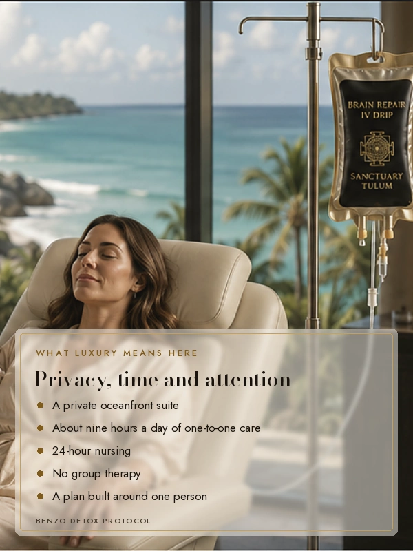 Smiling guest relaxing in a private suite, illustrating privacy, time and attention to detail in luxury benzo detox