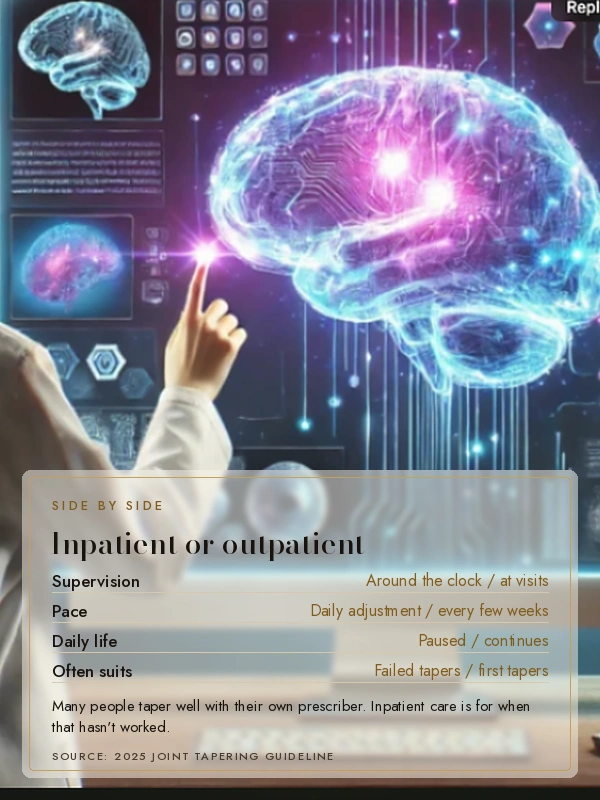 Clinician reviewing a brain image on a screen, comparing inpatient and outpatient benzo detox by who it suits, supervision and pace