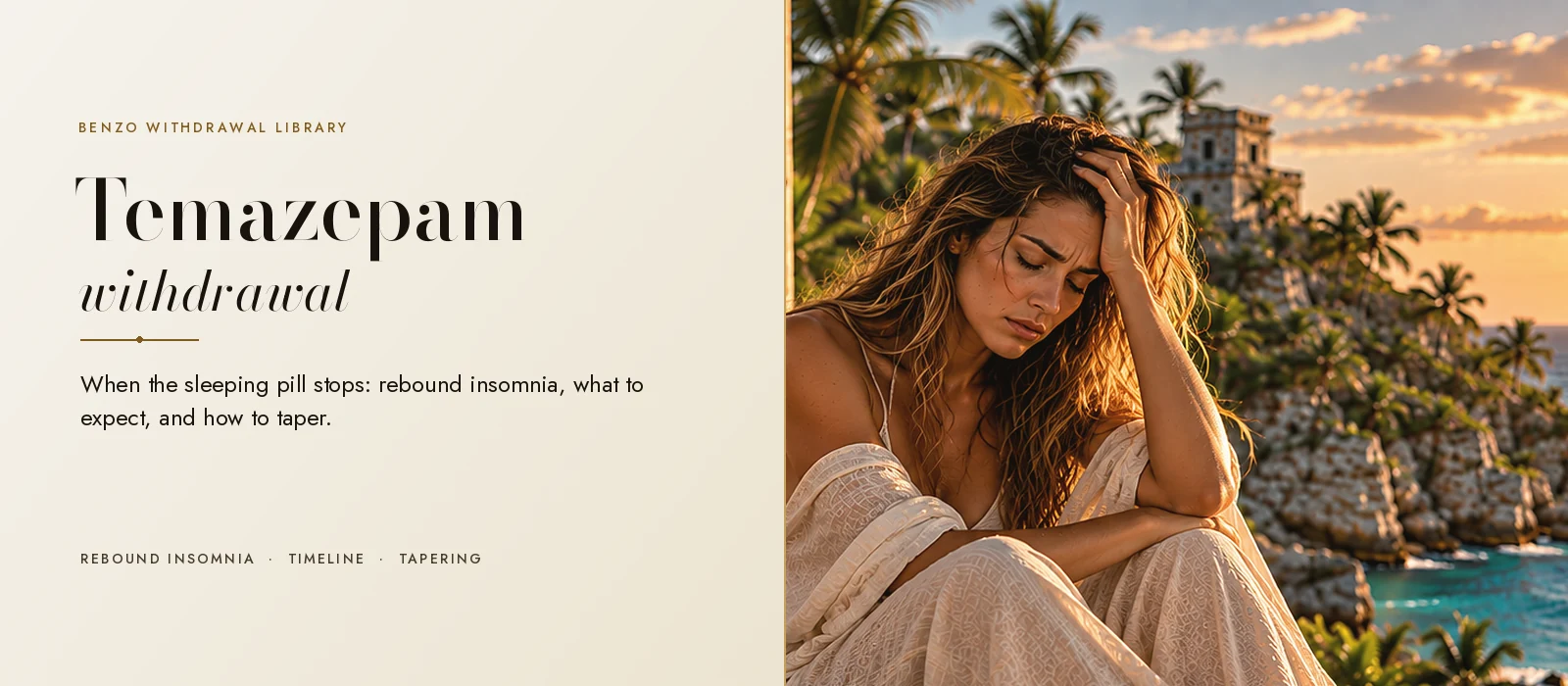 Woman sitting on a terrace at sunset with her head in her hand during temazepam withdrawal